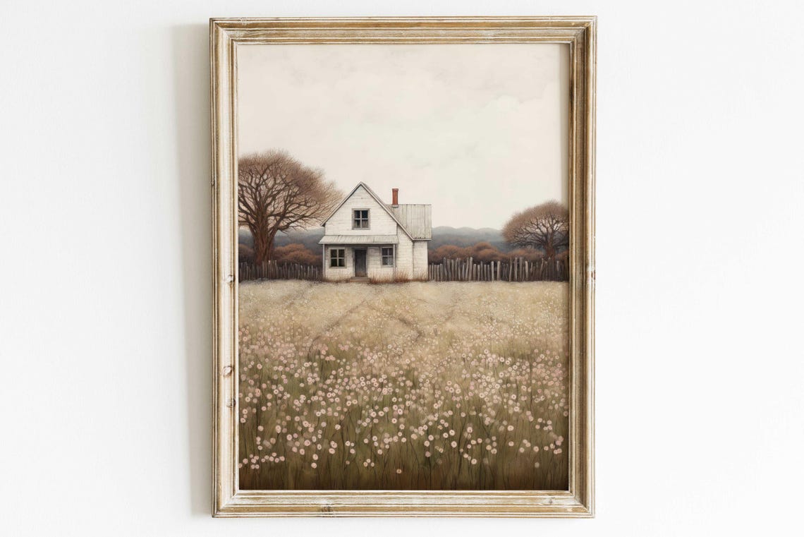 White Farmhouse in Blooming Wildflower Field Country Art Poster