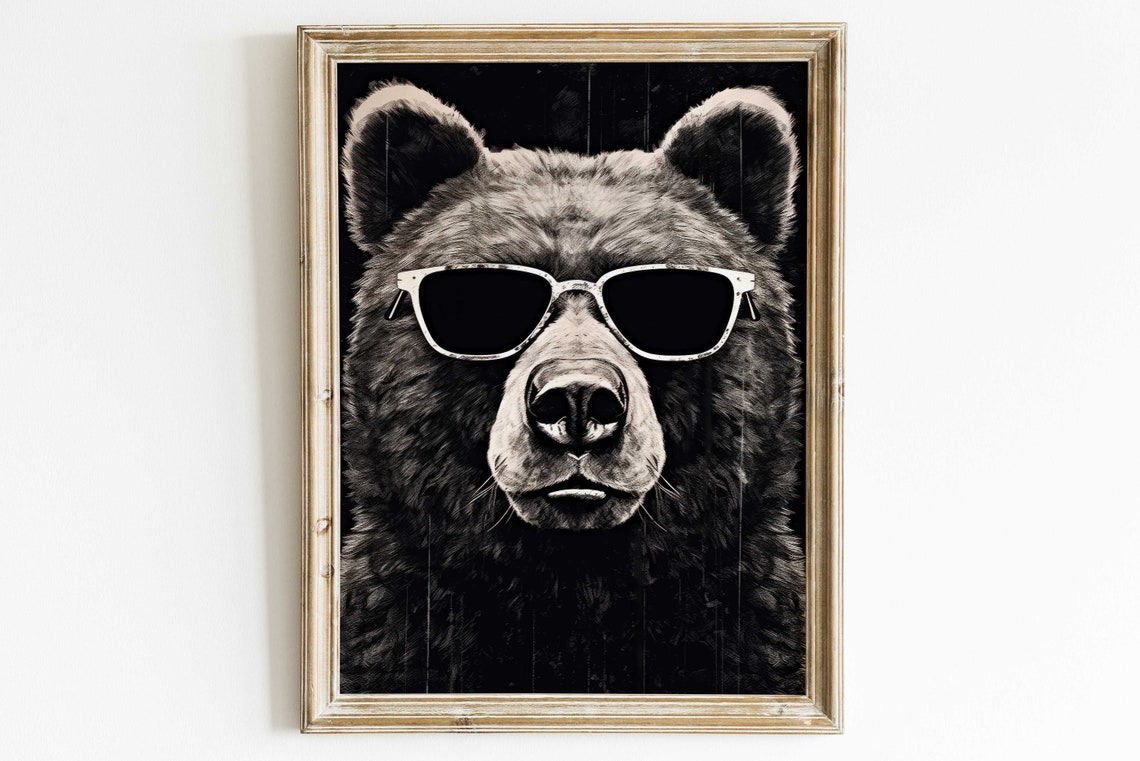 Cool Bear Wearing White Sunglasses on Black Background Animal Poster
