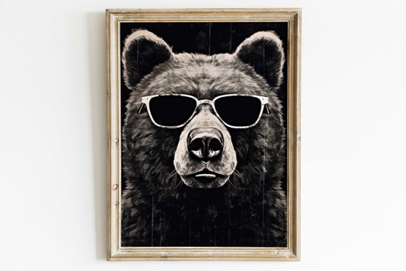 Cool Bear Wall Art Funny Animal Art Bear Kids Room Decor Animal Wearing Glasses Vintage Bear Toddler Room Decor Boy Art