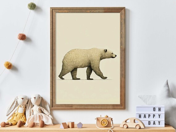 Cream Colored Bear Walking Alone Minimalist Nordic Animal Poster