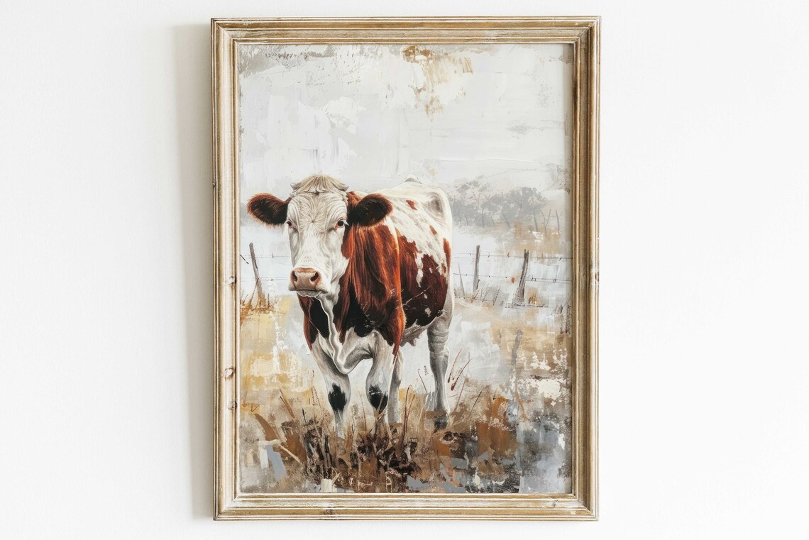 Cow Wall Art, Rustic Vintage Farm Animal Print