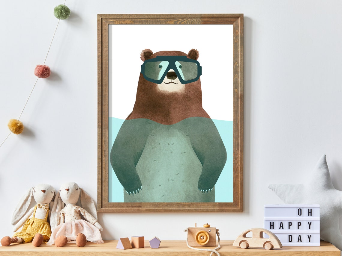 Funny Bear Nursery Wall Art Kids Room Decor Animals Bathroom Print Minimalist Kids Room Art