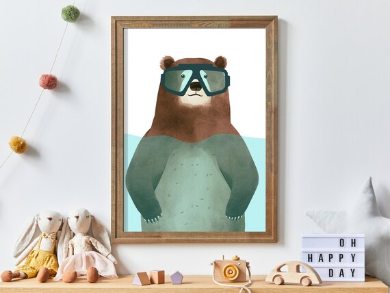Brown Bear Swimming in Water Wearing Snorkel Mask Funny Poster