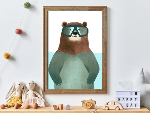 Funny Bear Nursery Wall Art Kids Room Decor Animals Bathroom Print Minimalist Kids Room Art