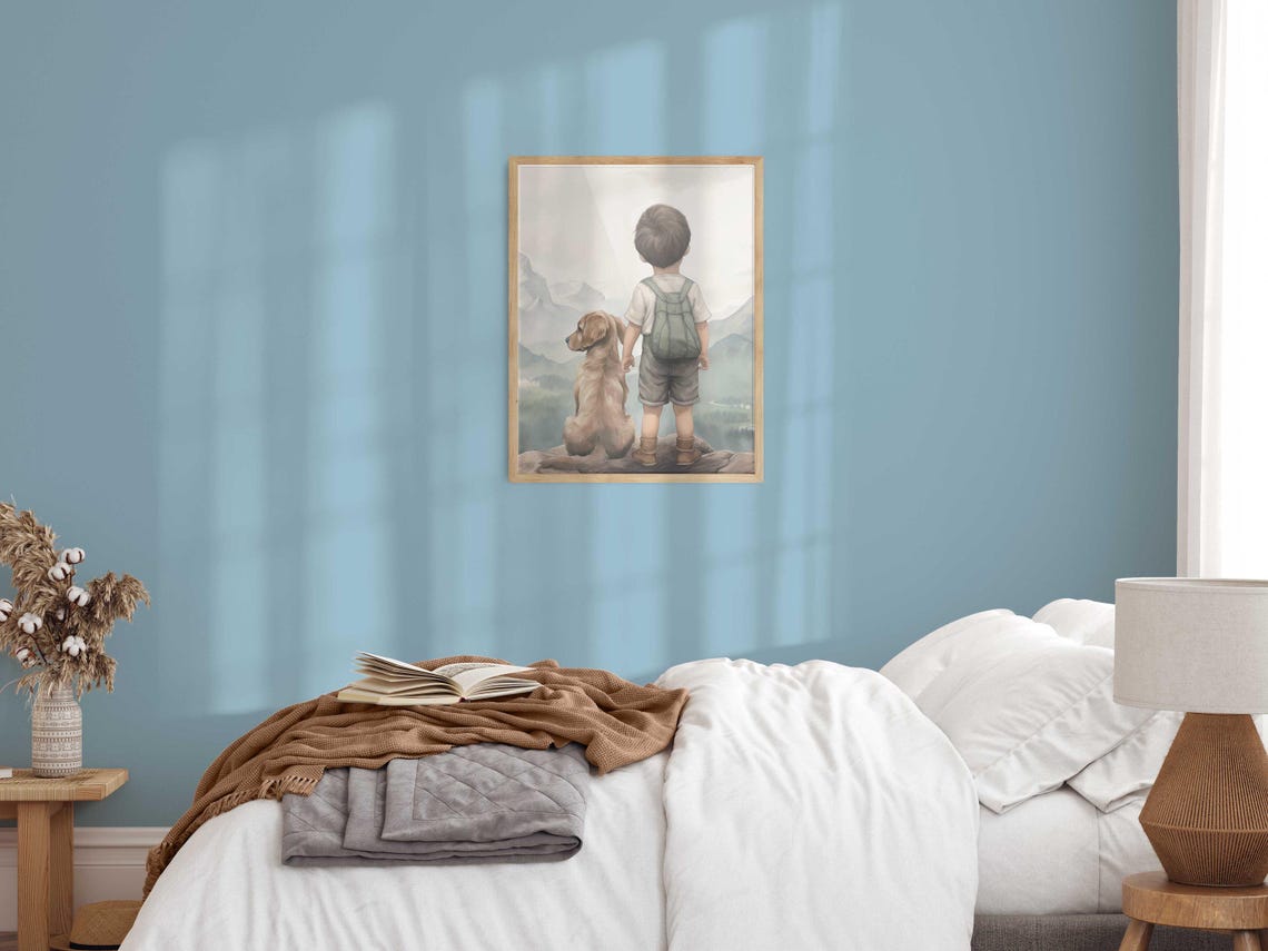 Little Boy And Golden Retriever Mountain View Nursery Poster - Image 2