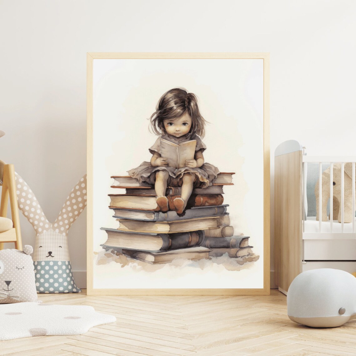 Little Girl Reading Books Poster Sweet Watercolor Nursery Library Decor - Image 2