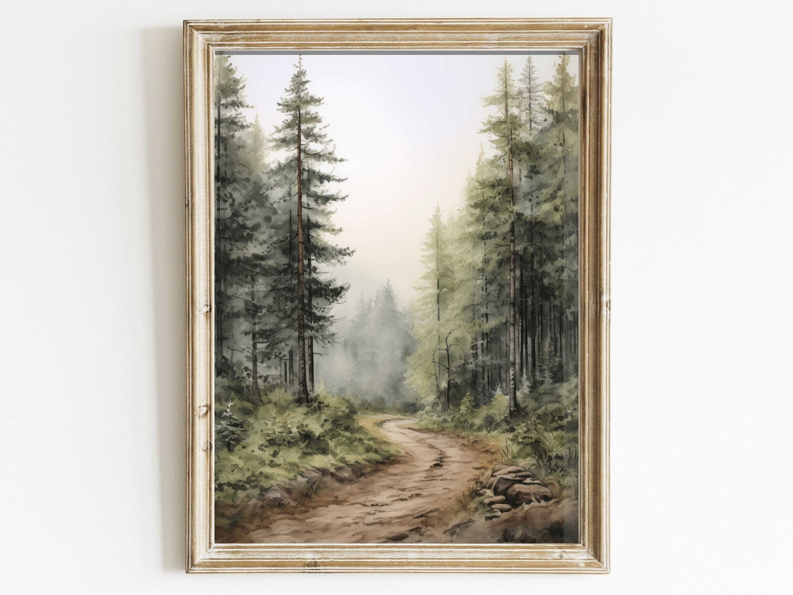 Winding Forest Path Between Tall Pine Trees Watercolor Landscape Print
