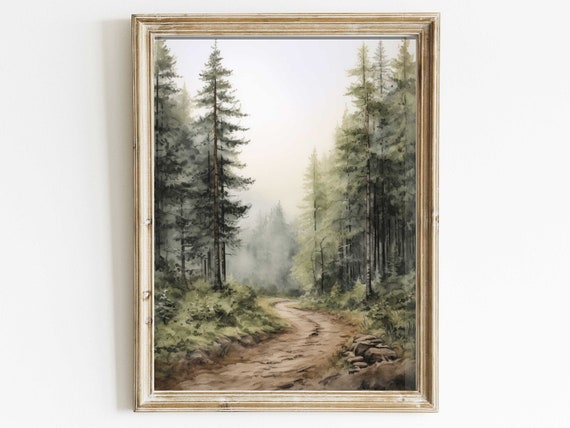 Watercolor Forest Path Wall Art Rustic Home Decor Vintage Nature Print Forest Wall Decor Nature Painting Landscape Wall Decor
