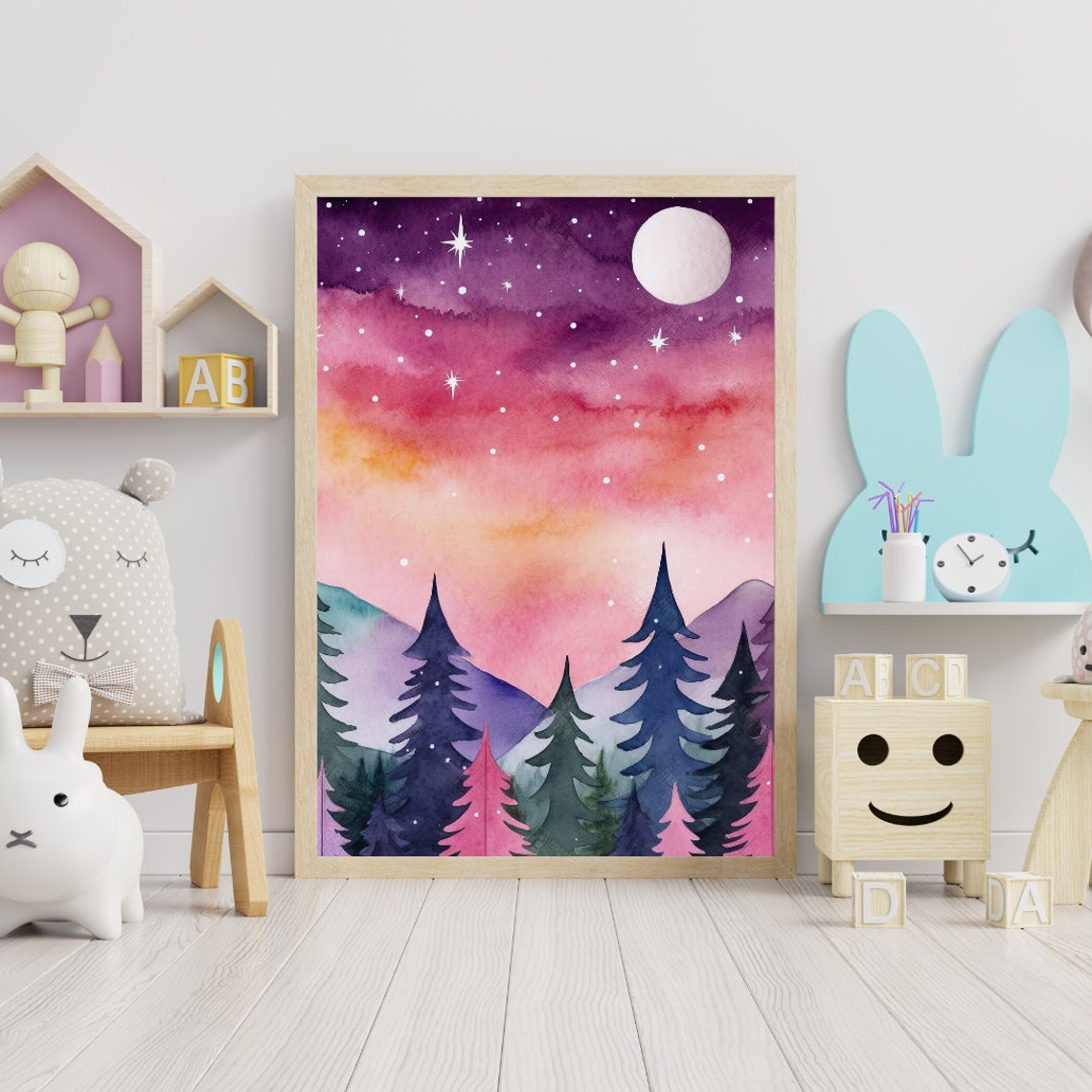 Colorful Watercolor Night Forest Moon Stars Kids Room Poster - Image 2