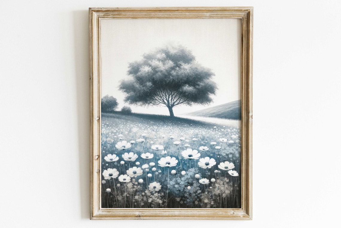 Daisy Wildflower Field with Lone Tree Sunny Landscape Poster