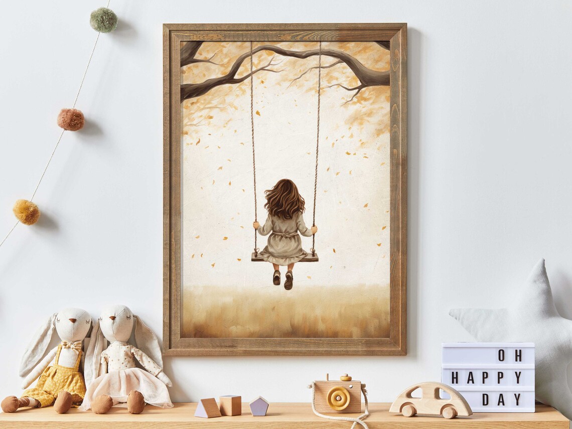 Sweet Little Girl On Swing Beneath Golden Autumn Tree Poster