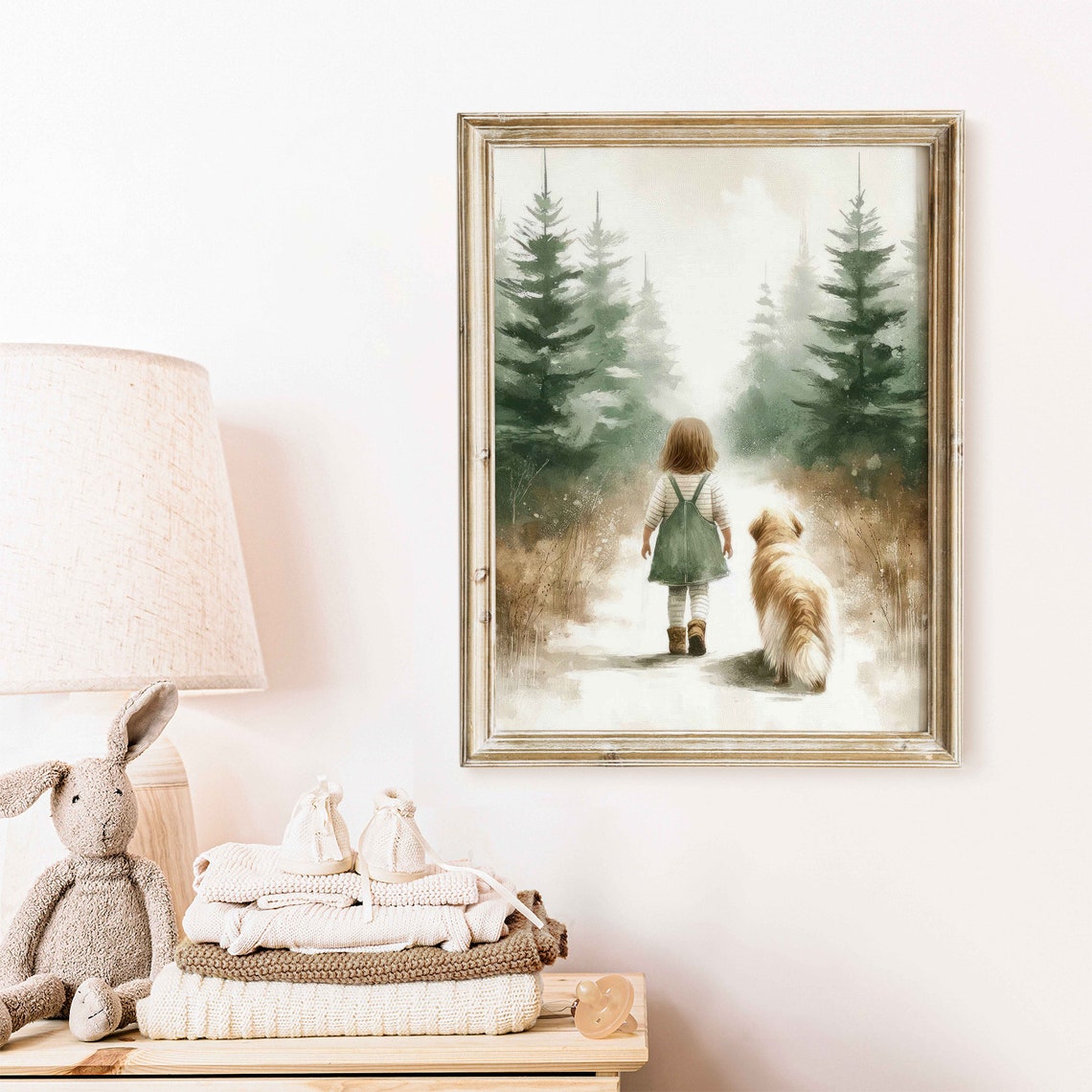 Girl and Her Golden Dog Walking a Misty Pine Forest Path Poster - Image 2