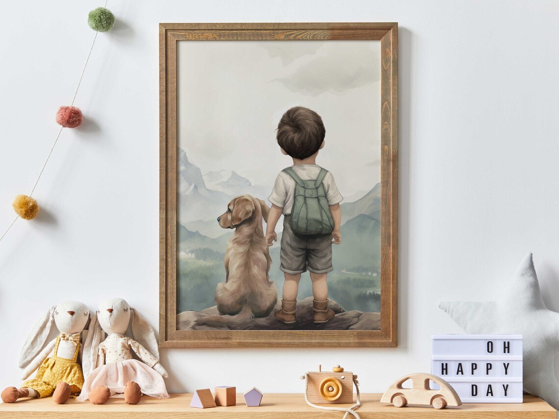 Little Boy And Golden Retriever Mountain View Nursery Poster