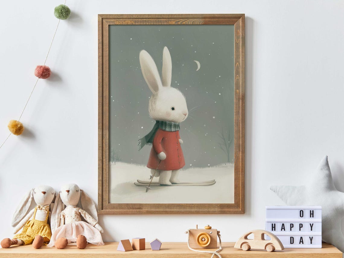 Bunny Skiing in Snowy Night Winter Nursery Watercolor Poster