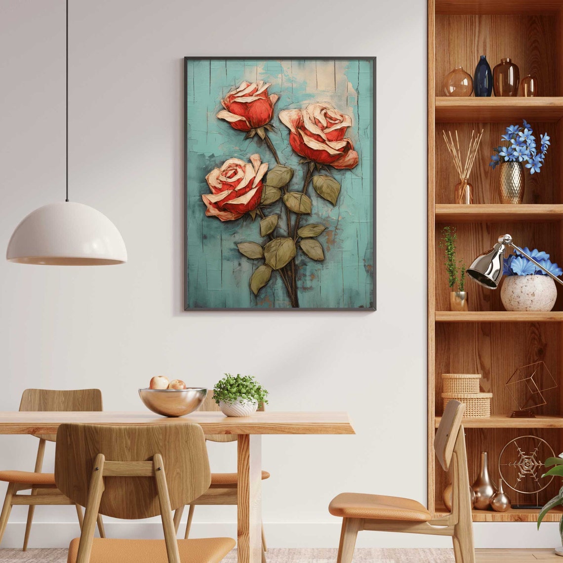 Vintage Red Rose Print Floral Wall Art Flower Bouquet Print Teal And Red Living Room Decor Farmhouse Country Style Art - Image 2