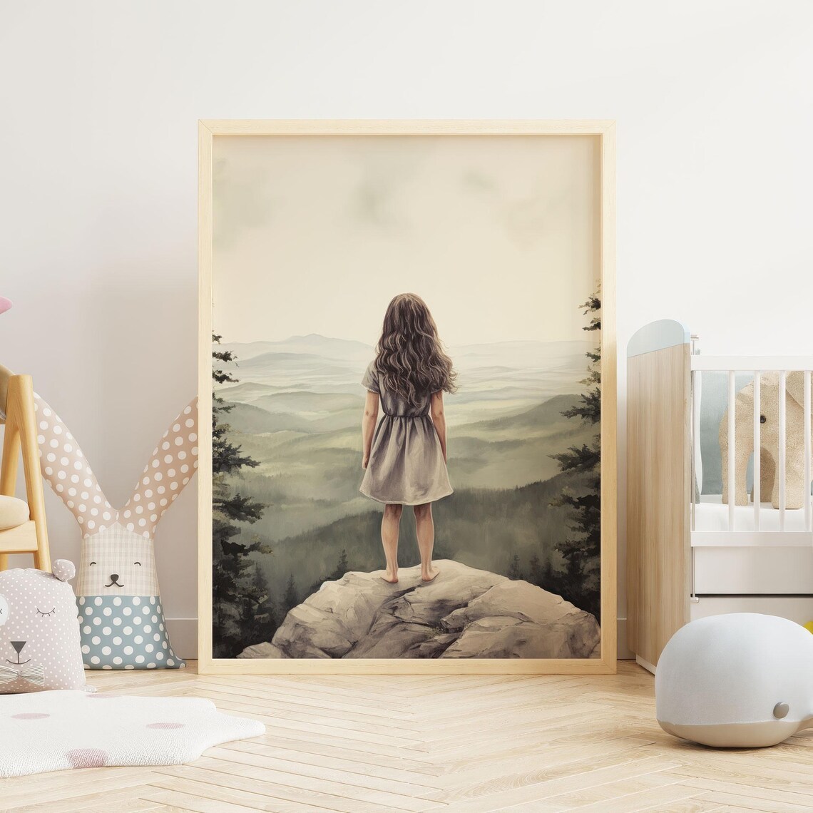 Little Girl Standing On Mountain Rock Overlooking Valley Art Poster - Image 2