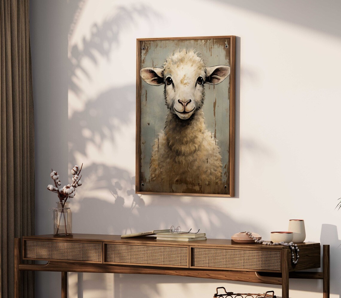 Smiling Sheep Face Close-Up in Vintage Distressed Farm Poster - Image 2