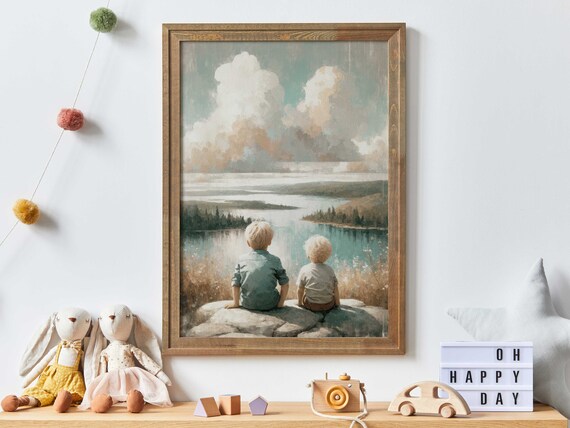 Two Brothers Sitting By The Lake Looking At Mountains Scene Poster