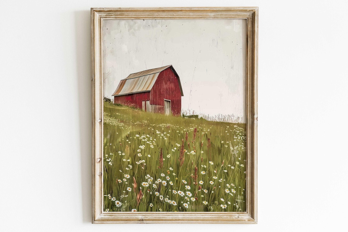 Red Barn Vintage Farmhouse Landscape Art Print