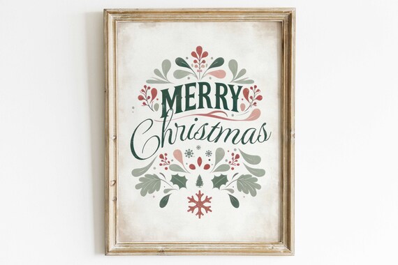 Merry Christmas Vintage Botanical Typography Holiday Art Poster