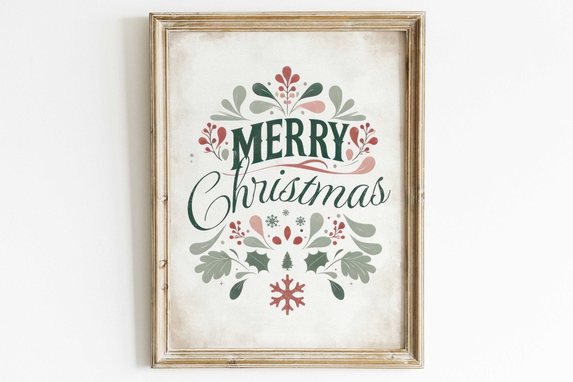 Merry Christmas Vintage Botanical Typography Holiday Art Poster