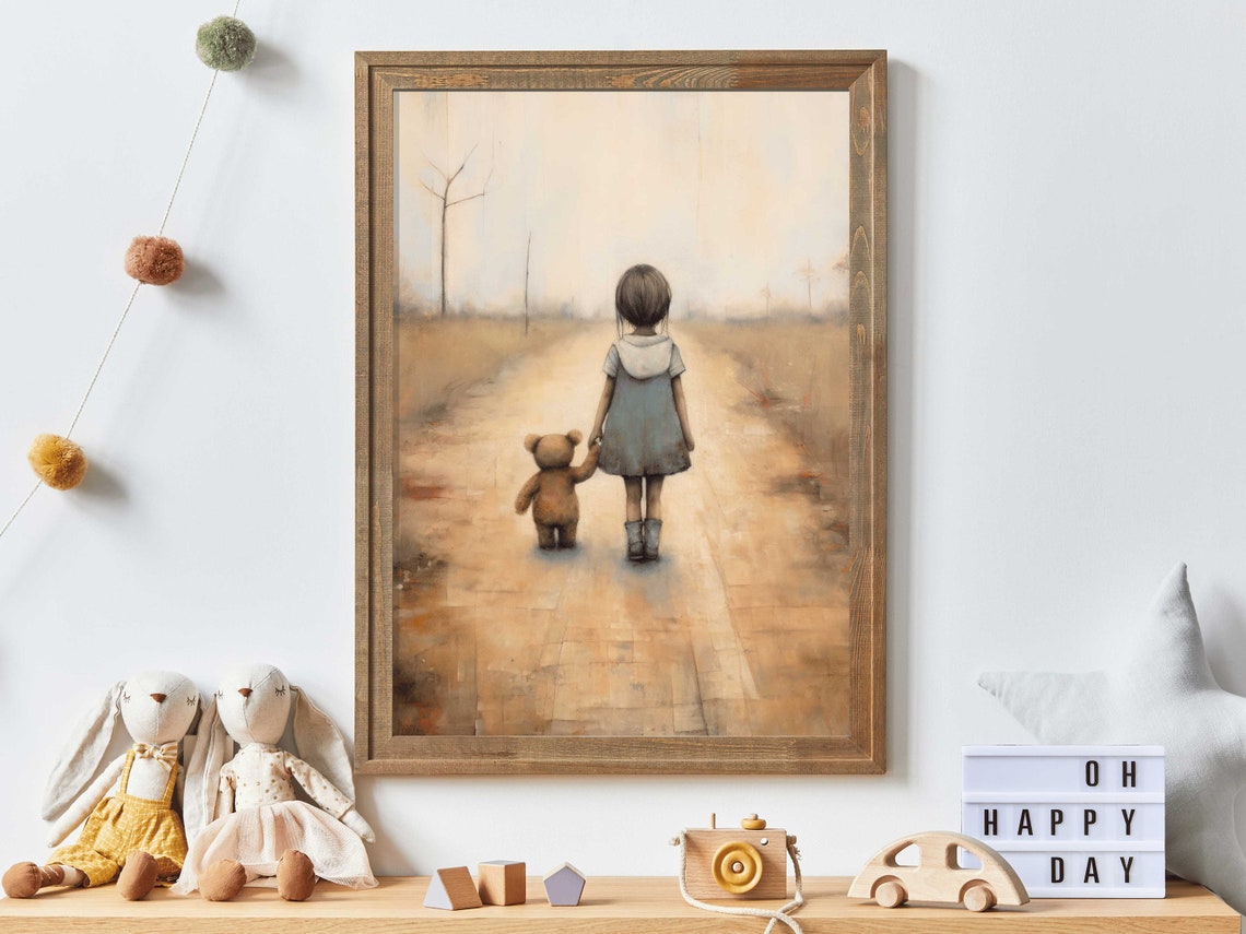 Little Girl Holding Teddy Bear Walking Down Country Path Poster