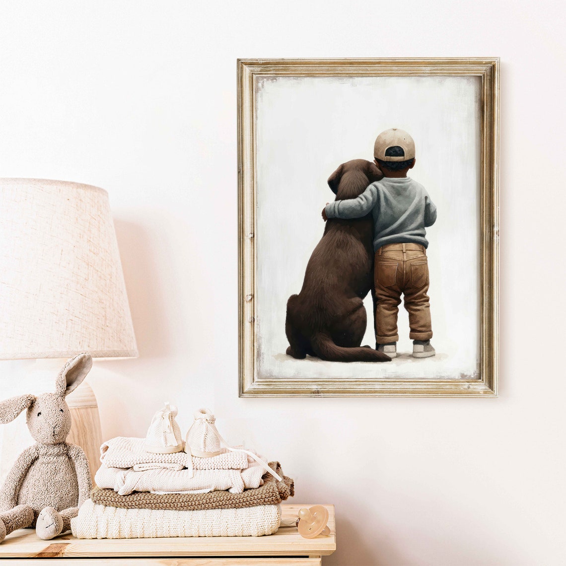 Boy And Chocolate Labrador Retriever Hugging Minimalist Poster - Image 2