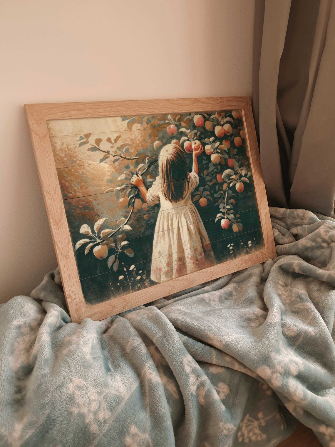 Vintage Nursery Wall Art Girl Picking Apples Print Girl Wall Art Apple Tree Painting Farmhouse Wall Art Country Style Artprintable Art - Image 3