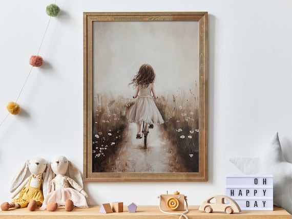 Girl Riding Bicycle Through Wildflower Field Dreamy Nursery Poster