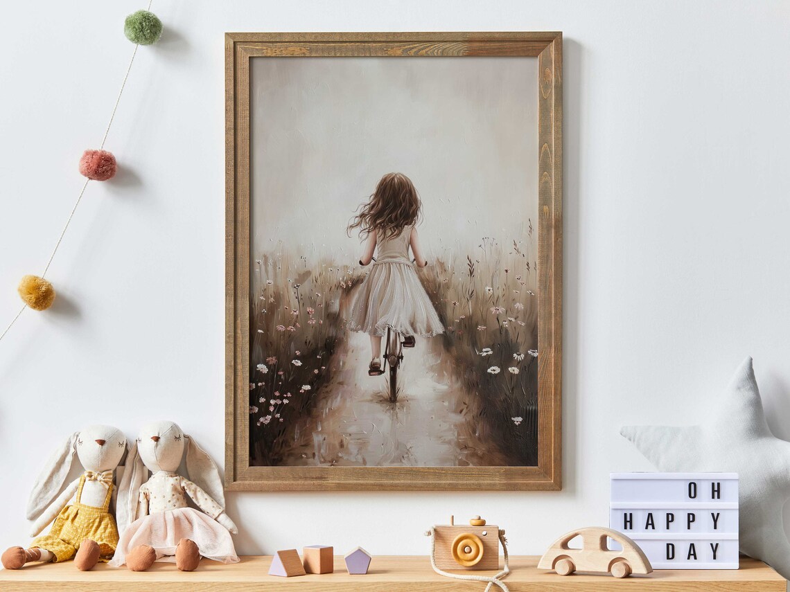 Girl Riding Bicycle Through Wildflower Field Dreamy Nursery Poster