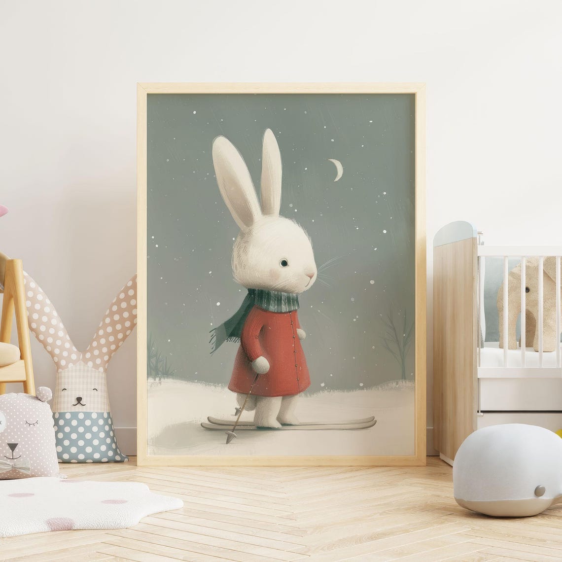 Bunny Skiing in Snowy Night Winter Nursery Watercolor Poster - Image 2