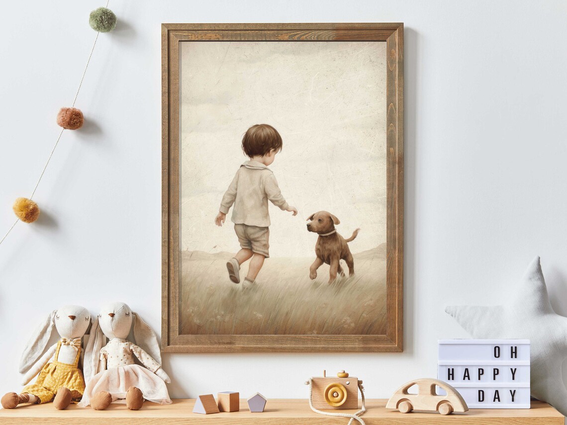 Little Boy Running With Puppy Dog In Golden Meadow Nursery Poster