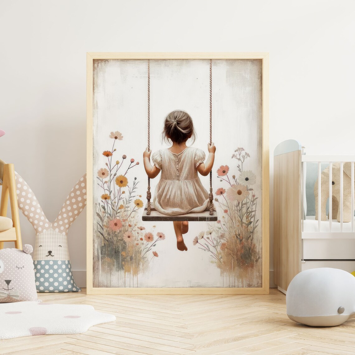 Girl On A Swing Vintage Nursery Art Print - Image 2