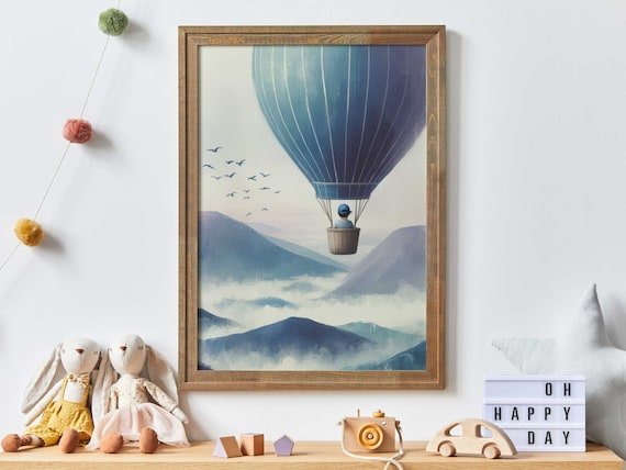 Little Boy Soaring Over Misty Blue Mountains In Hot Air Balloon Nursery Poster