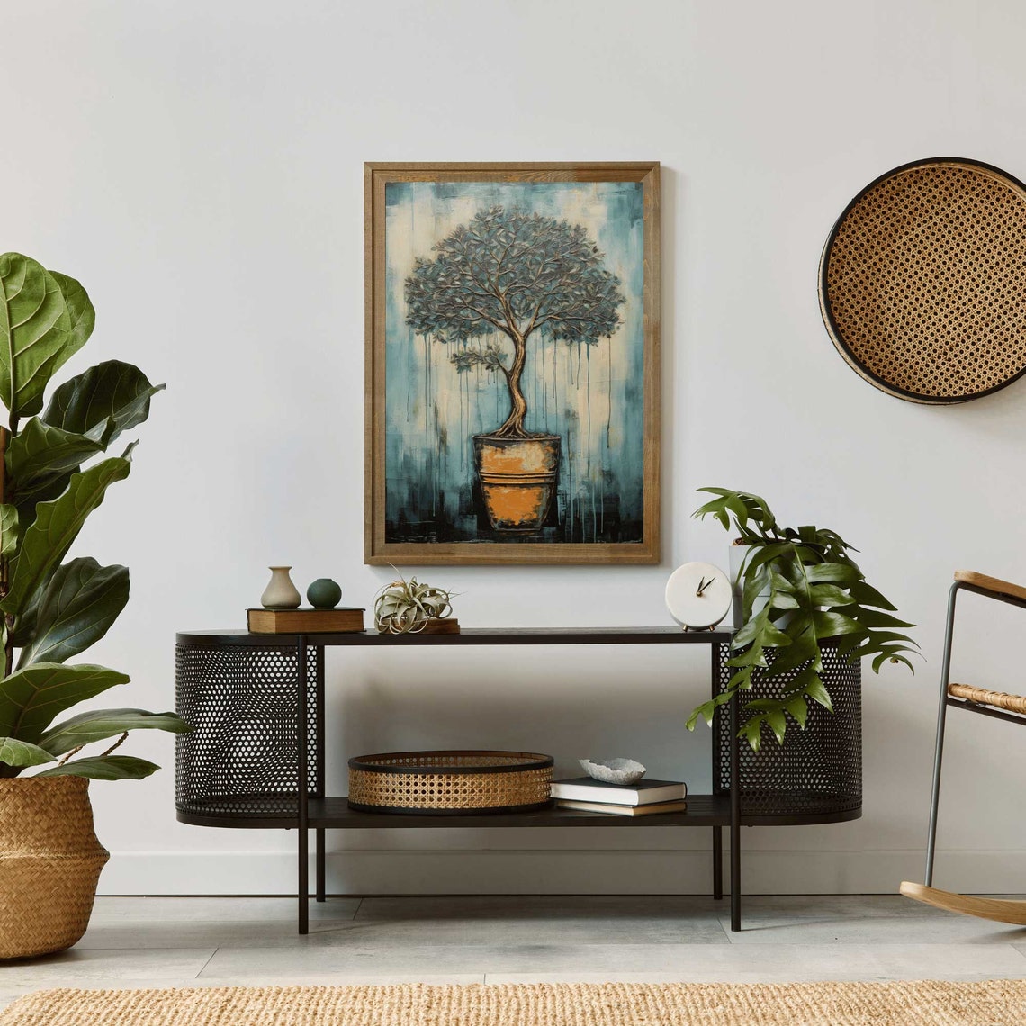 Sculptural Potted Bonsai Tree in Orange Pot Blue Abstract Poster - Image 2