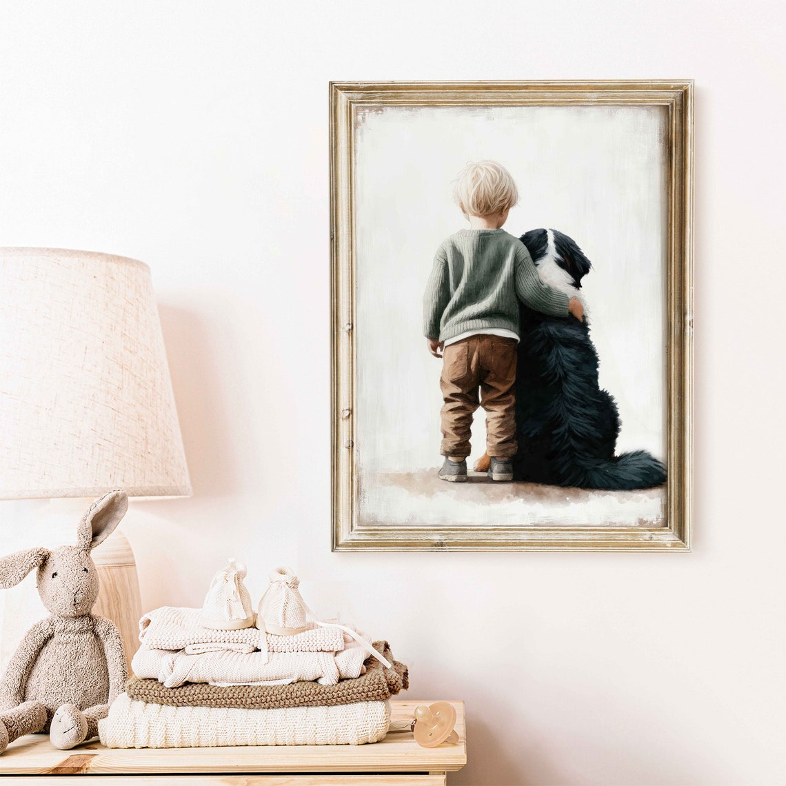 Little Boy Hugging A Bernese Mountain Dog From Behind Nursery Poster - Image 2