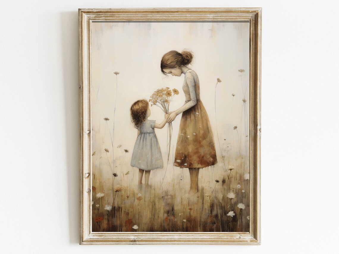 Mother and Daughter with Wildflower Bouquet Tender Bond Poster