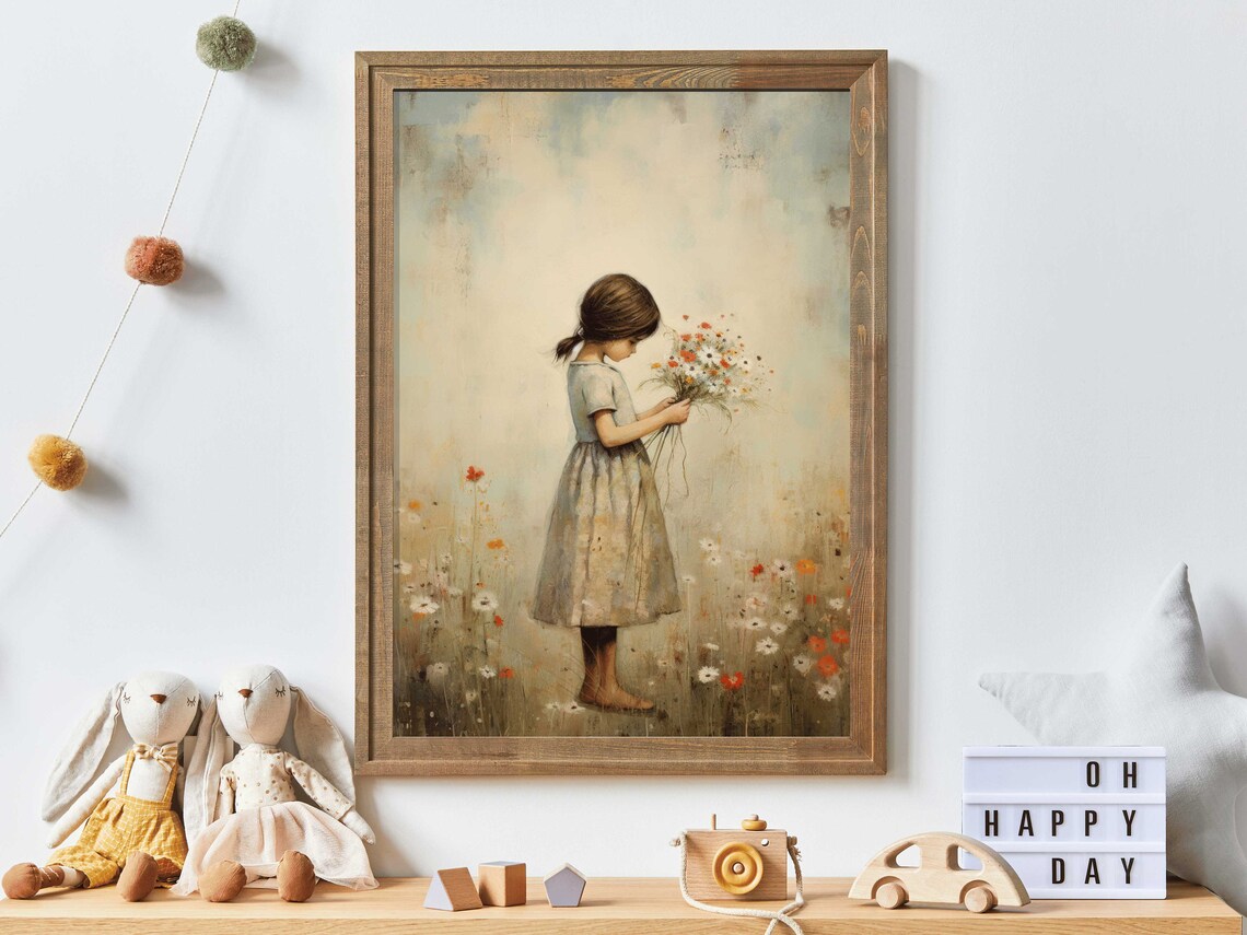 Little Girl Holding a Wildflower Bouquet in Meadow Art Print