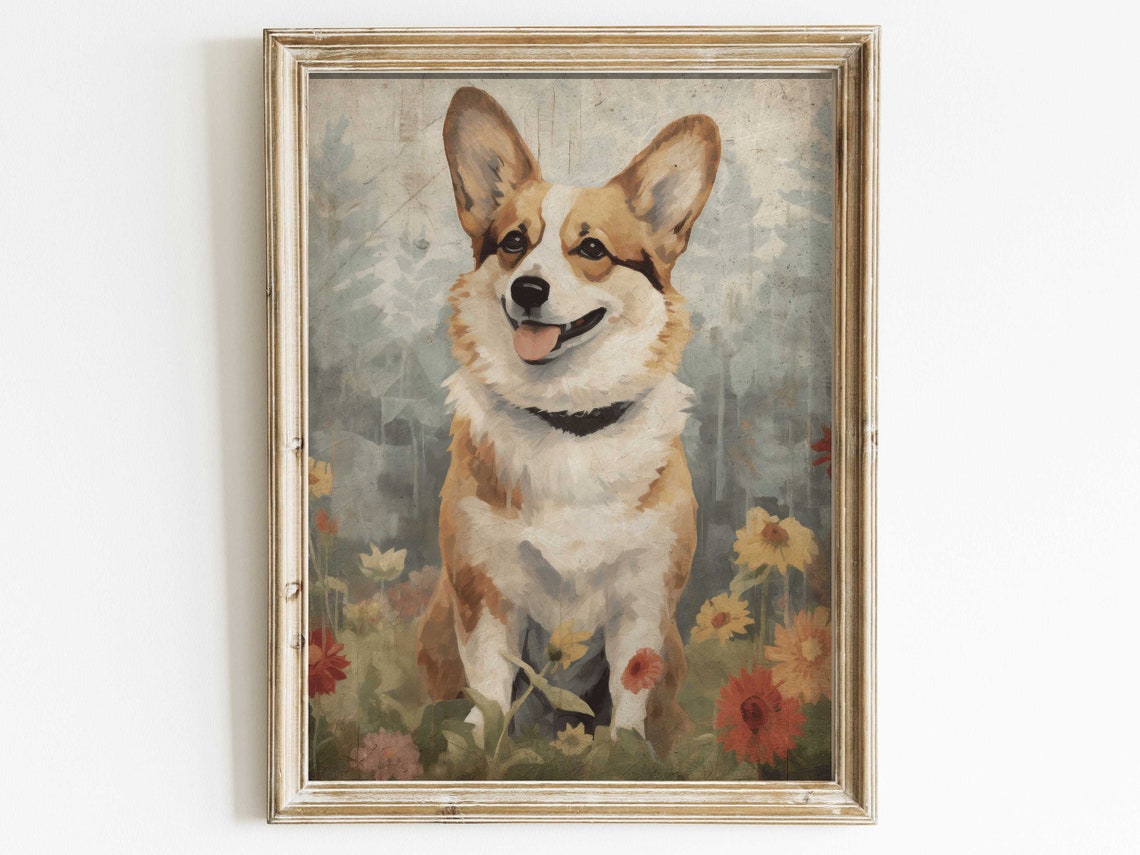 Happy Smiling Corgi Sitting Among Vintage Wildflowers Poster
