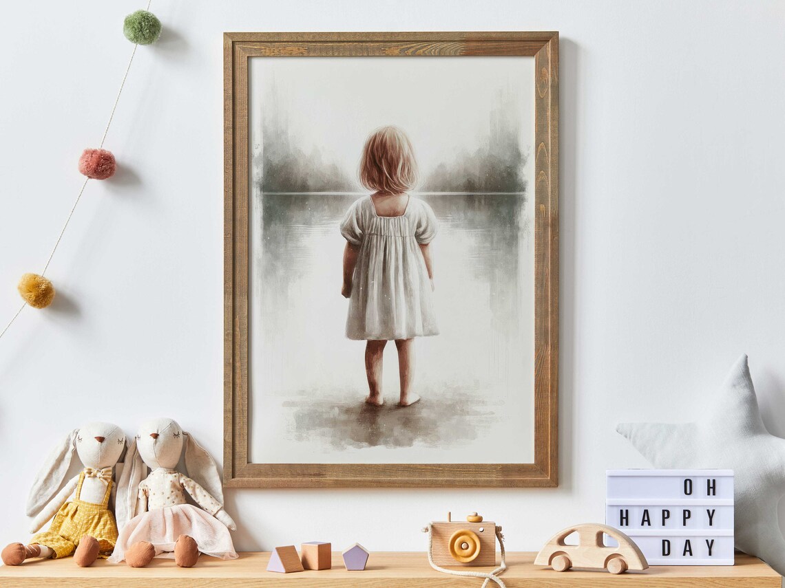 Little Girl in a White Dress Standing at a Misty Lake Poster