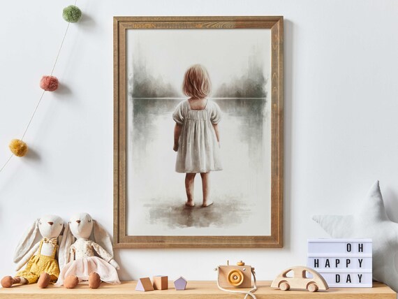 Little Girl in a White Dress Standing at a Misty Lake Poster