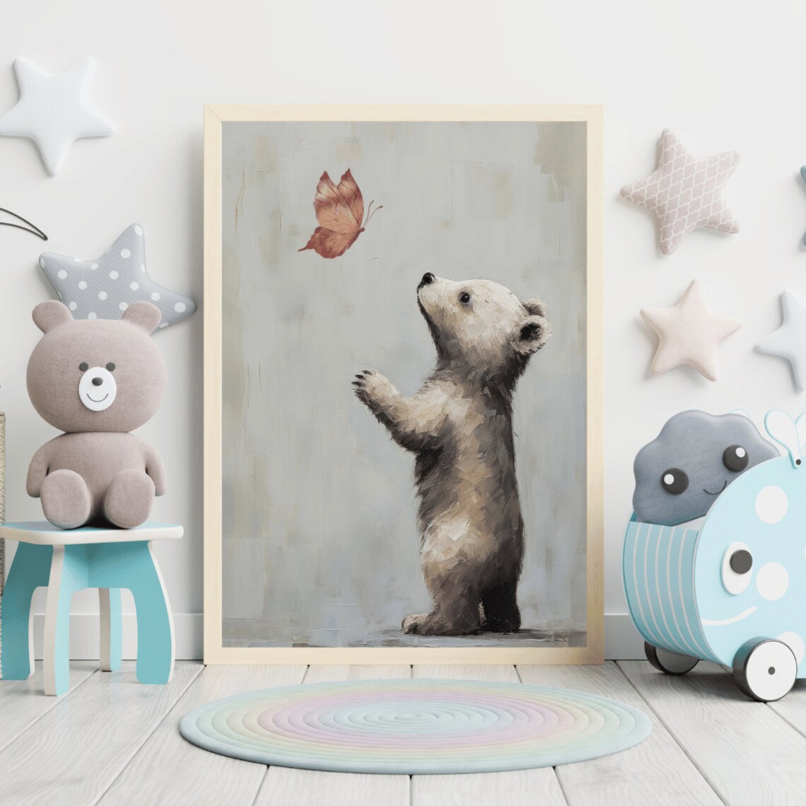 Baby Bear and Butterfly Vintage Nursery Art Print - Image 2