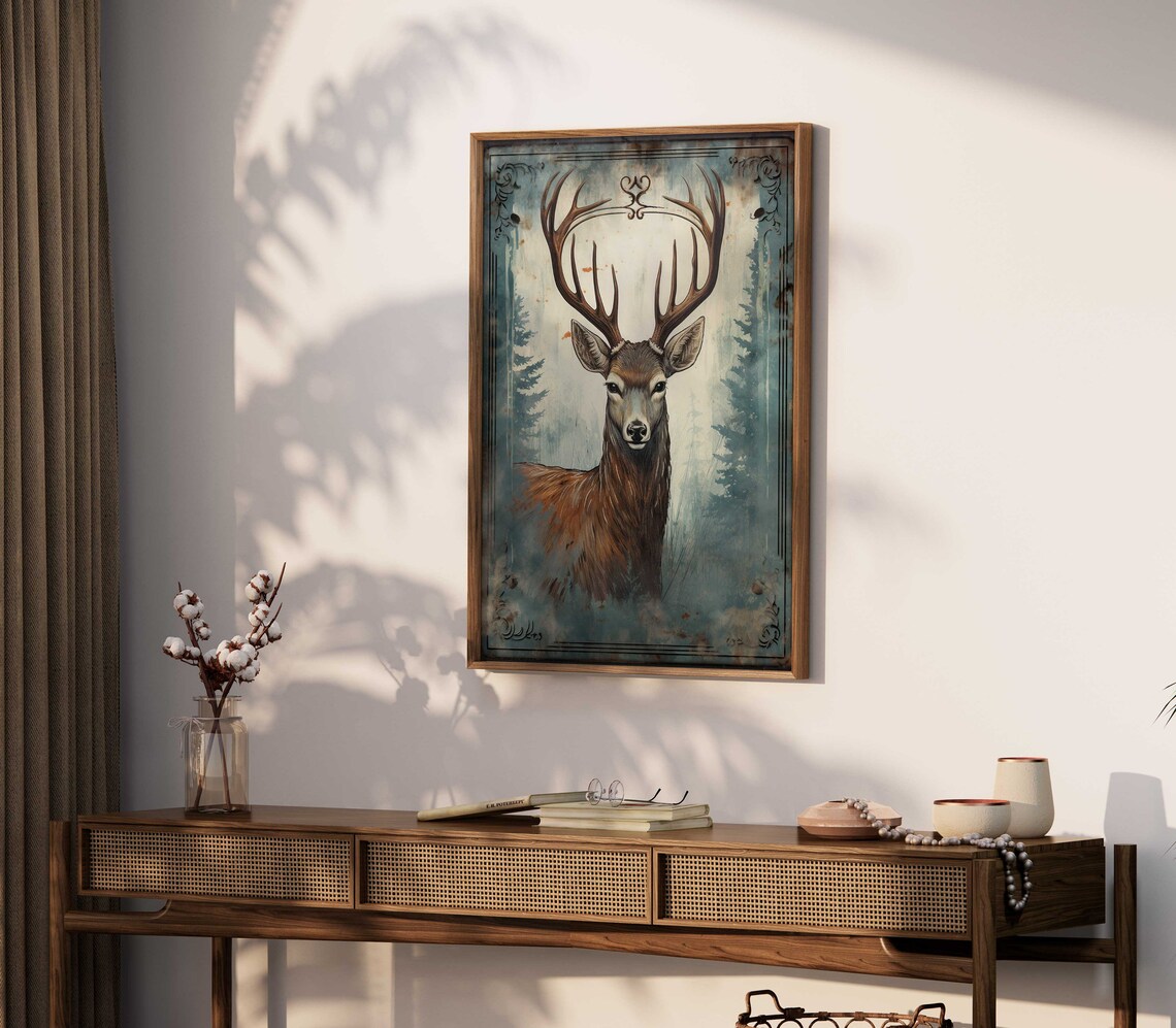 Majestic Stag with Antlers in Misty Forest Vintage Wildlife Art Poster - Image 2