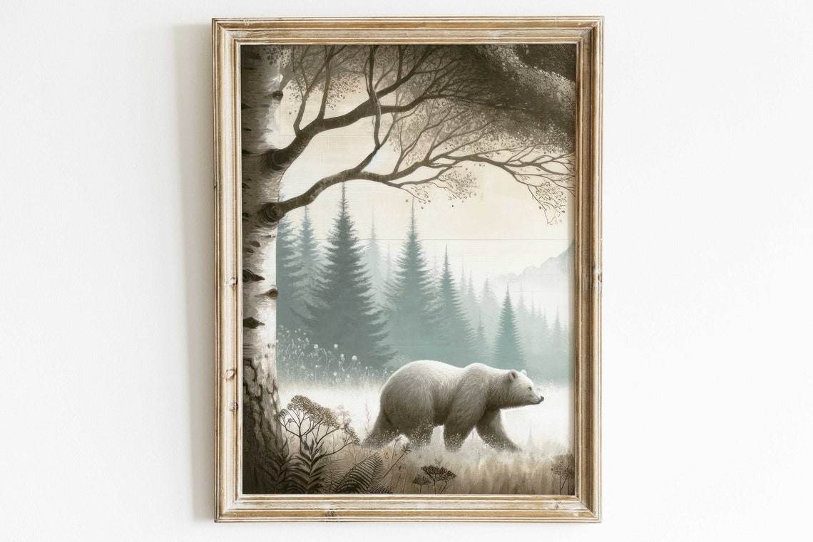 White Bear Walking Through a Misty Pine Forest Landscape Poster