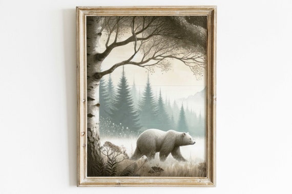 White Bear Walking Through a Misty Pine Forest Landscape Poster