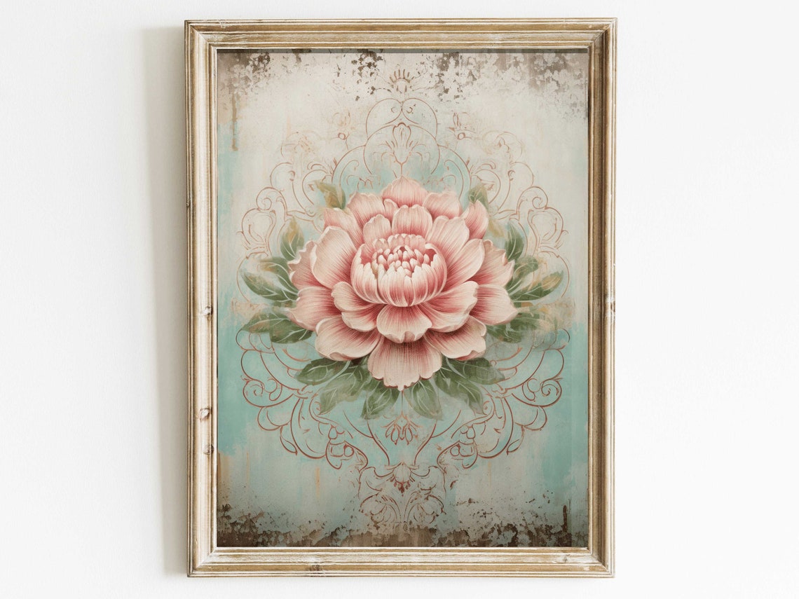 Vintage Pink Peony Bloom With Ornamental Scrollwork Wall Art