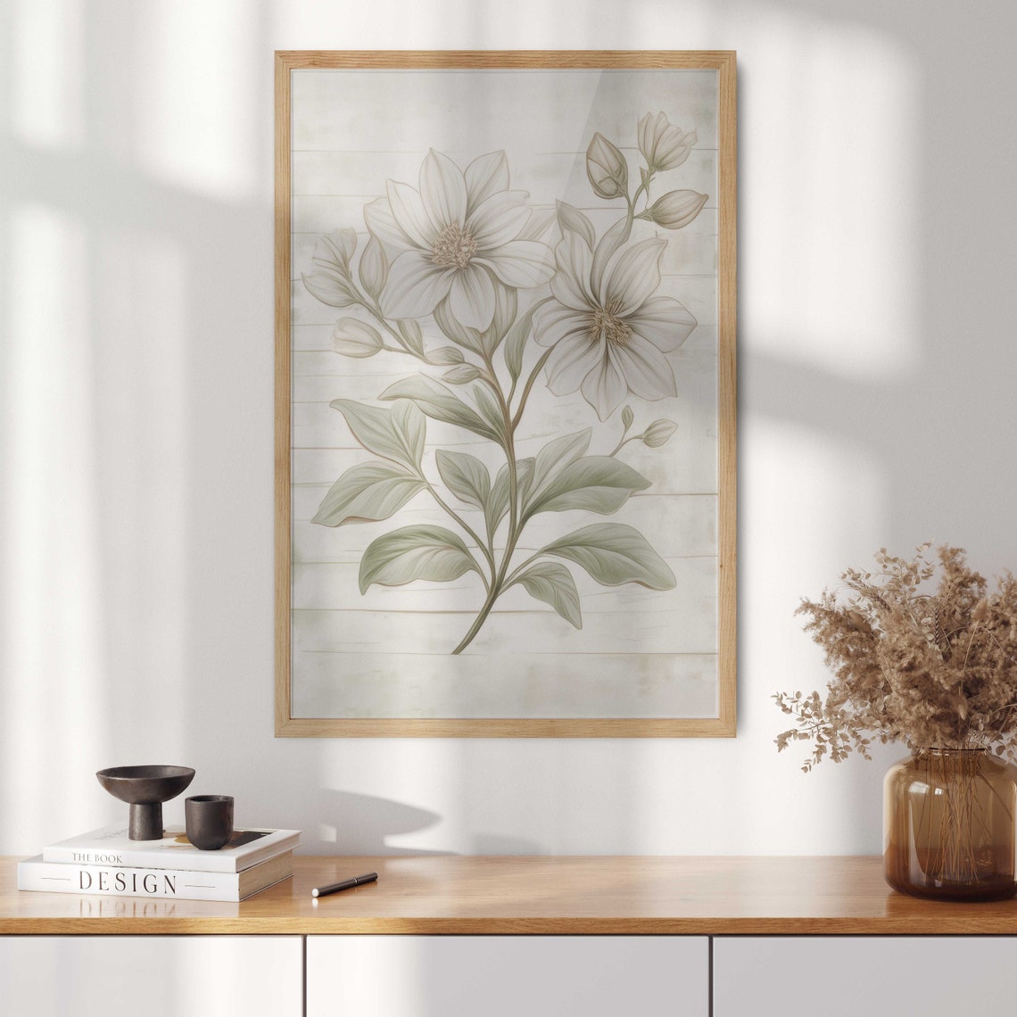 Delicate White Blossom Branch Botanical Art On Pale Wood Poster - Image 2