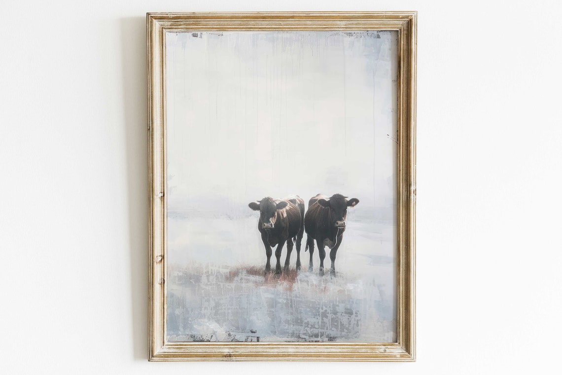 Two Cows in Misty Morning Field Minimalist Farm Animal Art Poster - Image 2