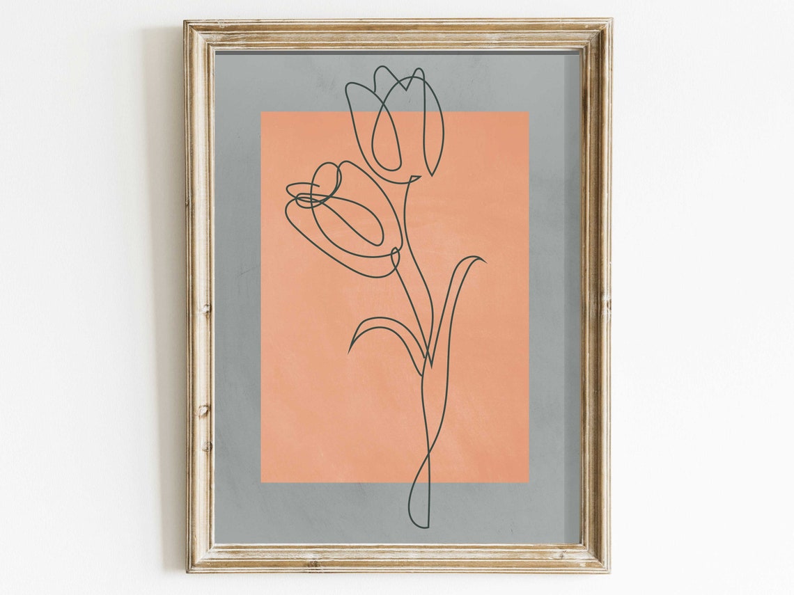 One Line Tulip Sketch on Apricot Boho Minimalist Decor Poster
