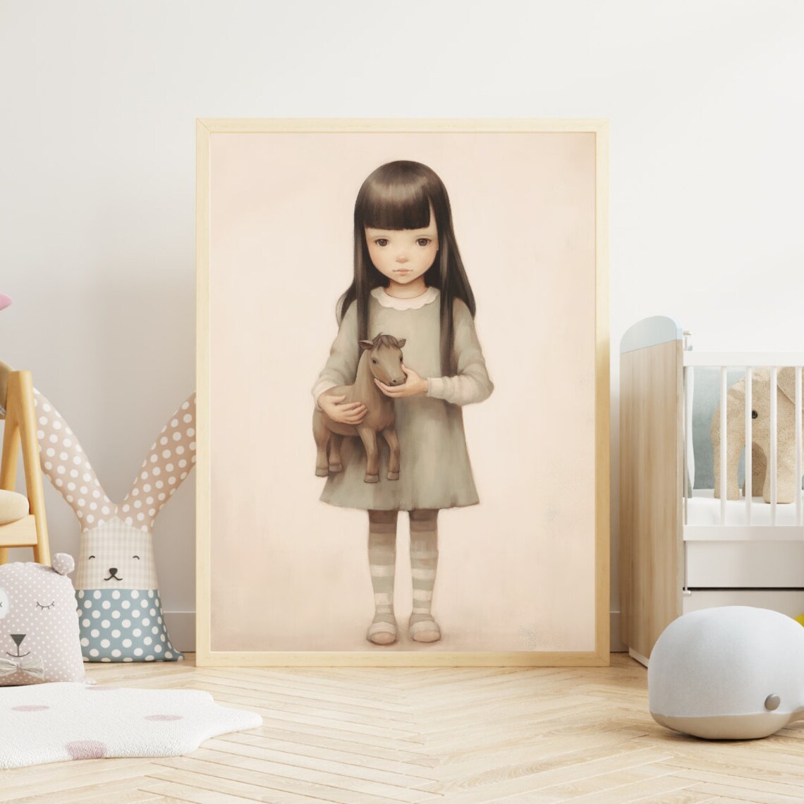 Little Girl Holding Wooden Toy Horse In Cream Dress Nursery Poster - Image 2